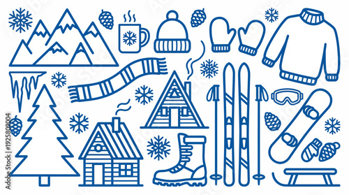 Winter village scene with mountains, cabins, trees, a skier and ski equipment in a snowy alpine landscape