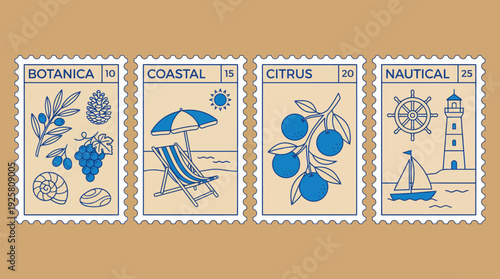 Vintage blue postage stamp set featuring botanical, coastal, circus, and nautical designs in a monochrome illustration style