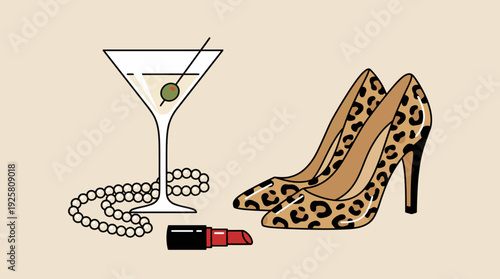 Glamorous leopard print heels, pearl necklace, red lipstick, and a martini glass for a chic evening fashion look