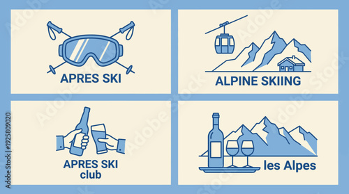 Vintage-style blue and beige icon set showcasing Après-Ski, Alpine Skiing, ski clubs, and the Alps