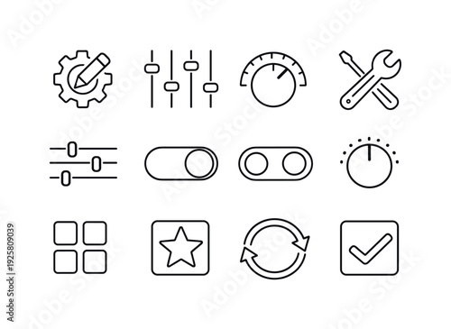 Line style vector icons of UI personalization icons: customize, adjust, tune, modify; slider, toggle, switch, knob; preset,