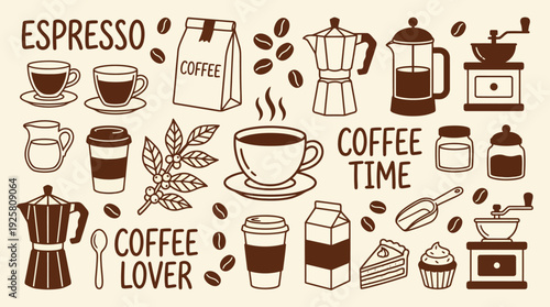 A collage of coffee icons and doodles featuring espresso cups, moka pots, grinders, beans, and coffee lovers