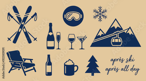 Apres ski lifestyle at a snowy mountain resort: skis, goggles, wine, cocktails, lounge chair, tent and alpine scenery for all-day winter fun