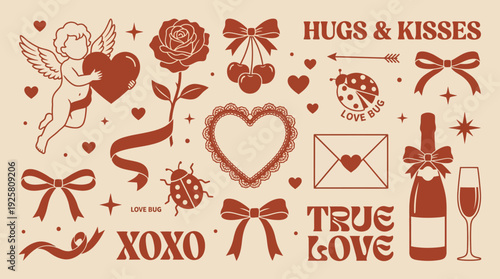 Vintage red Valentine icons bundle with hearts, roses, envelopes, bows, Cupid, lips and true love text elements