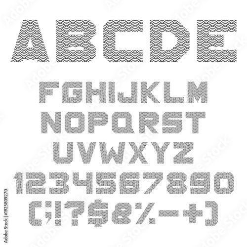 Font, alphabet with chinese waves. Isolated vector objects on white background.