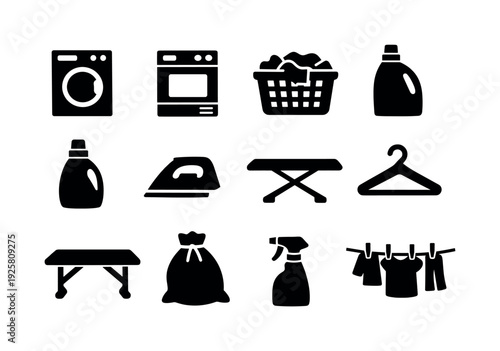 Solid vector icons of laundry service: washing machine, dryer, laundry basket, detergent bottle, fabric softener, iron, ironing