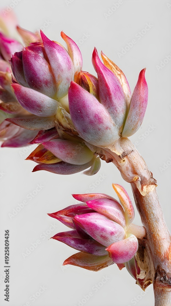 Fototapeta premium Extreme Macro Photography of a Vibrant Pink and Purple Succulent Flower Branch with Detailed Bud Textures on a Neutral Background