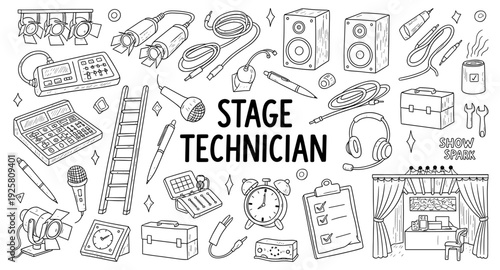 Collection of stage technician equipment and tools for live event production