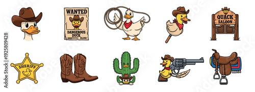 Set of cartoon cowboy duck illustrations featuring a sheriff, wanted poster, saloon, boots, and other western-themed elements in a playful and colorful sticker pack design