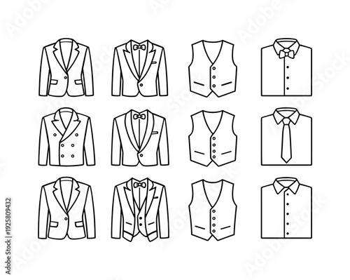 Line style vector icons of suit embellishment: blazer, tuxedo, vest, shirt; formal, business, event, gala; elegance, taste,