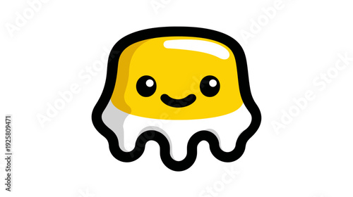 A cartoonish yellow creature with a smiling face, black outlines and white edges on a white background