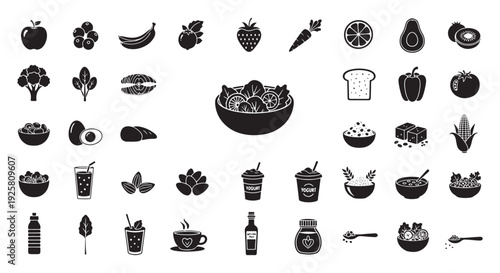 Healthy Food Icons Set - Black Silhouette Fruits, Vegetables, Salad and Drink Symbols for Design