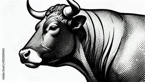 A flat vector black and white illustration of a bull's profile in close-up, using large contrasting dots on a white background.