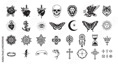 Mystic Tattoo Symbol Collection – Skulls, Animals, Sacred Geometry and Spiritual Icons