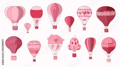 A collection of various hot air balloon designs in shades of pink on a white background