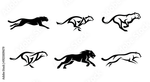 Collection of Dynamic Running Big Cat Silhouettes Featuring Leopard Lion and Cheetah.