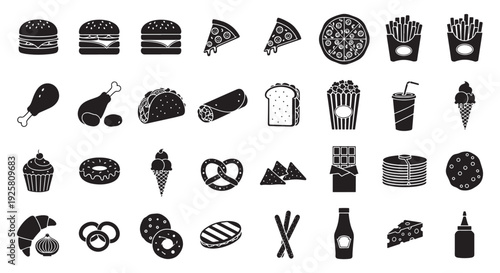 Fast Food and Snack Black Silhouette Icon Set