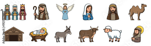 Collection of nativity scene cartoon characters featuring the holy family, three wise men, an angel, a shepherd, and animals like a camel, donkey, ox, and sheep