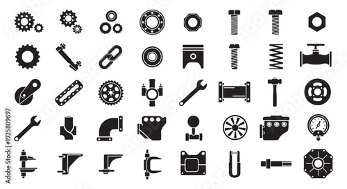Mechanical Parts and Industrial Components Black Silhouette Icon Set