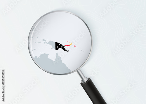 Papua New Guinea Map Under Magnifying Glass with National Flag Overlay.