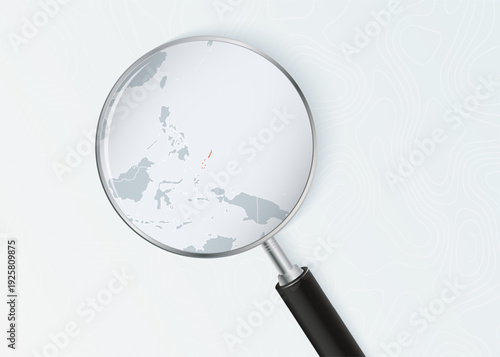 Palau Map Under Magnifying Glass with National Flag Overlay.