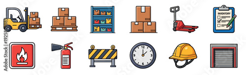 Collection of warehouse and logistics icons including a forklift, pallet jack, boxes, shelving, and safety equipment like a hard hat and fire extinguisher in a cartoon style