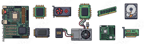 Collection of computer hardware components including a motherboard, CPU, GPU, and RAM in a detailed retro pixel art illustration style for technology concepts