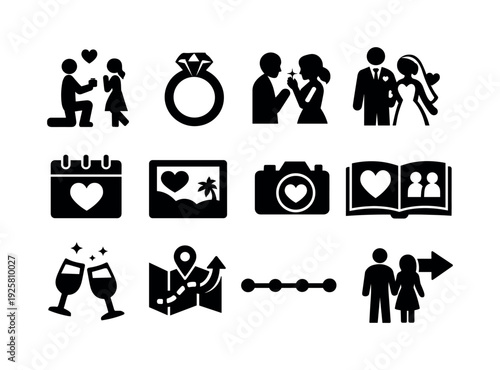 Solid vector icons of romantic milestones: proposal, ring, engagement, wedding, anniversary, memory, photo, album, celebration,