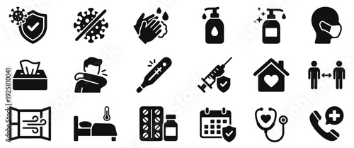 Flu prevention and hygiene icons including virus protection, hand washing, sanitizer, face mask, coughing, thermometer, vaccination, medication, social distancing, and medical consultation