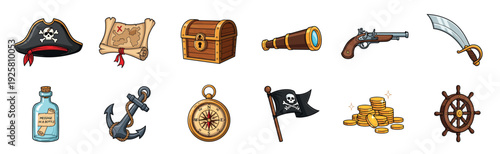 Colorful cartoon collection of pirate items including a treasure chest, map, compass, hat, and sword, representing adventure, exploration, and maritime life in a fun illustrated style