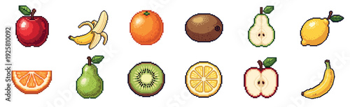 Collection of colorful pixel art fruits including apple, banana, orange, kiwi, and lemon shown whole and sliced in a retro 8-bit video game style for graphic design assets