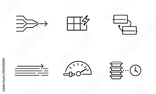 Line style icons of power-optimized data flow: compressed signal path, tiny cache cell, optimized memory hop, single-pass stream,