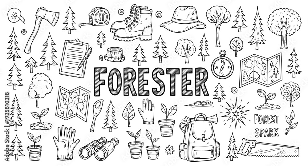 Fototapeta premium Doodle collection of forest ranger equipment and nature elements