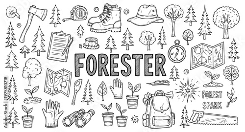 Doodle collection of forest ranger equipment and nature elements