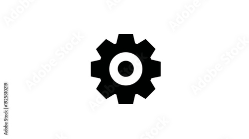 A black and white, simple icon of a gear wheel with a white inner circle