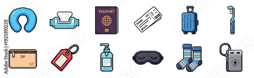 Collection of pixel art travel essentials and accessories for a journey, including a passport, suitcase, and neck pillow, rendered in a charming 8-bit retro gaming style