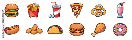 Collection of colorful pixel art fast food icons featuring a burger, fries, pizza, and donut in a retro 8-bit video game style for a nostalgic graphic design element