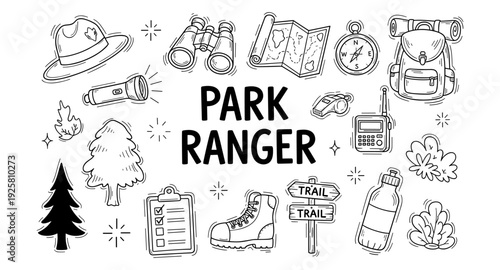 Park Ranger equipment and symbols in a doodle art style, black and white illustration