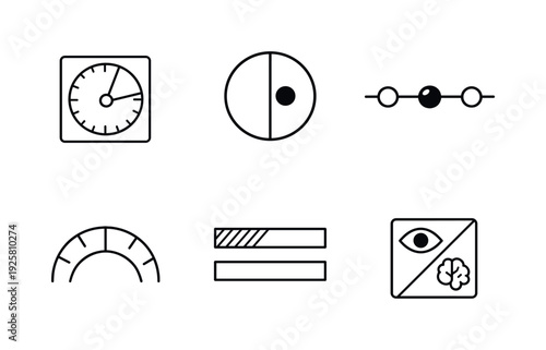 Line style icons of attention-split counters: timer dial tile, focus-mode dot, scroll-mode bead, divided-track arc,