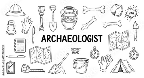 Archaeologist's tools and discoveries, a collection of hand-drawn illustrations for exploration and research