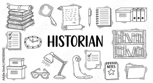 Historian's desk with books, scrolls, magnifying glass, and research tools