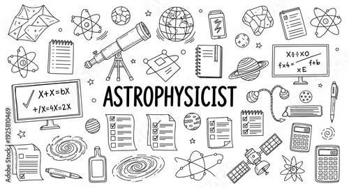 Astrophysicist doodle collection with space, science, and math elements