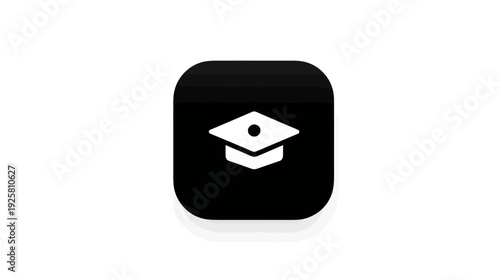 A white graduation cap icon sits on a black rounded square, with a subtle shadow