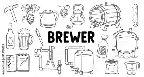 Brewing equipment and ingredients collection, hand-drawn illustration for craft beer enthusiasts