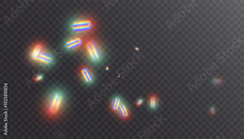 Holographic prismatic crystals with iridescent shine and soft light halo, for dark backgrounds and background overlays and designs.