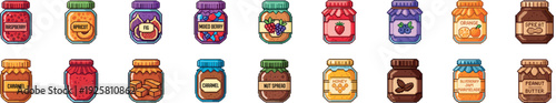 Collection of colorful pixel art jars filled with various fruit jams, sweet spreads, and honey, illustrated as a detailed set of icons in a retro 8-bit video game aesthetic