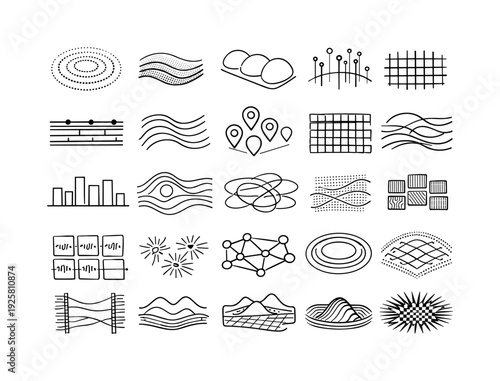 Line vector icons of immersive haptic texture rendering: ripple dots, grain arcs, tactile pads, micro-pattern stems, pressure