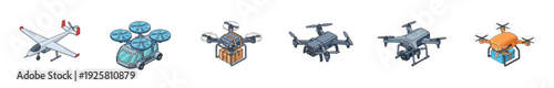 Collection of various delivery drones and unmanned aerial vehicles in an isometric cartoon style, representing future logistics and autonomous transportation technology concepts