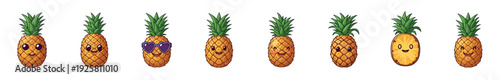 Collection of cute cartoon pineapple characters showing various happy emotions and expressions, including one wearing sunglasses and one sliced in half, in a fun kawaii illustration style