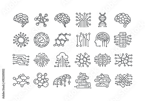 Line vector icons of consciousness digitization: neuron arcs, synapse beads, brain-network grids, signal-flow stems, memory